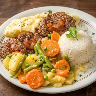 Filé com legumes, arroz e purê